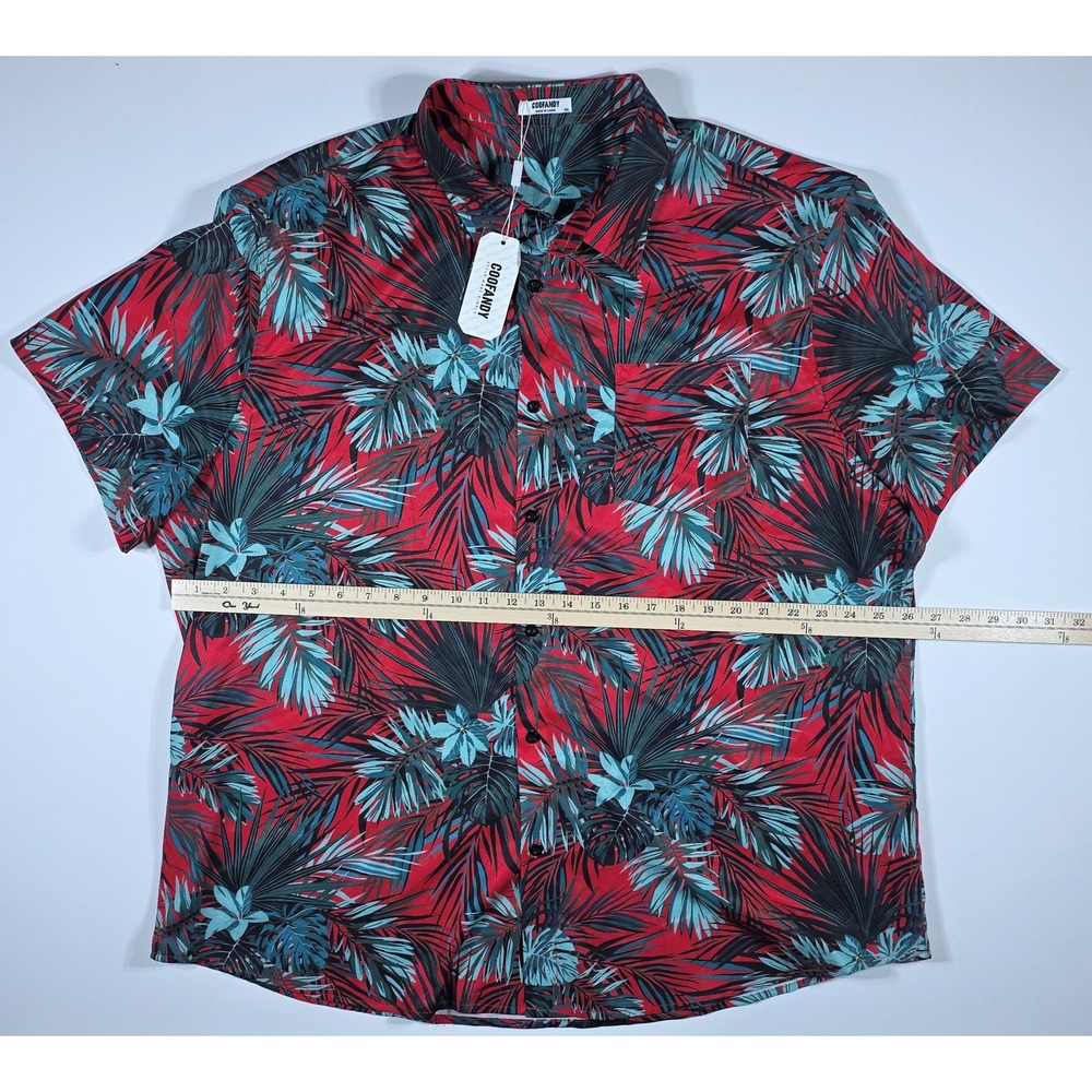 COOFANDY Men's 3XL Tropical Palm Leaf Print Button Down Red Teal Short Sleeve - Picture 4 of 8
